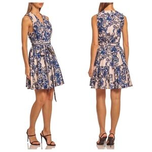 Christian LaCroix Blue/White Floral Linen Sleeveless Mini Wrap Dress Medium
